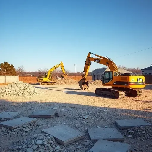 Demolition site in Red Hill SC with heavy machinery, scattered debris, and piles of organized rubble under a clear sky.