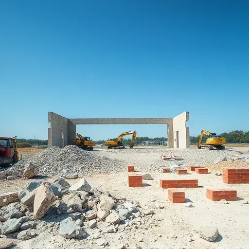 Demolition site in North Augusta SC showing cleared ground, concrete debris, and construction materials under a blue sky.