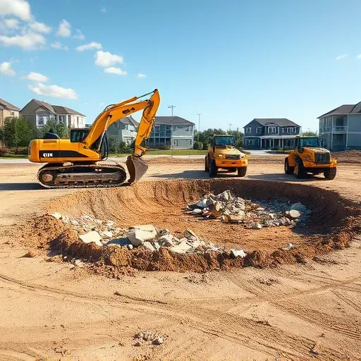 Completed pool demolition site in Myrtle Beach SC with construction equipment, debris, exposed soil, and a clear sunny sky