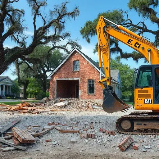 Demolition aftermath in Charleston SC showing a cleared lot, heavy machinery, and stacked debris amidst a serene neighborhood.