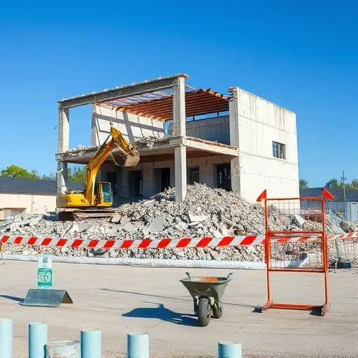Demolition site in Mauldin SC with organized debris, safety barriers, tools, and a clear blue sky highlighting professionalism.