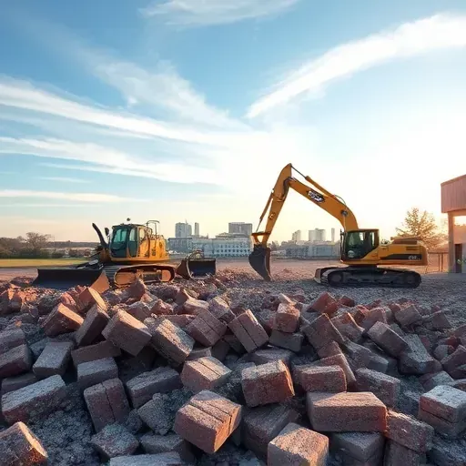 Demolition scene in Summerville SC with bricks, debris, skyline, and machinery under a blue sky and late afternoon sun.