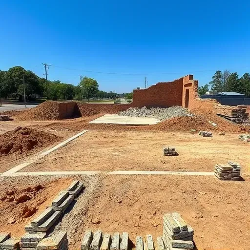 Demolition site in Conway SC featuring cleared earth, debris, trees, and a blue sky illustrating urban to natural transition.