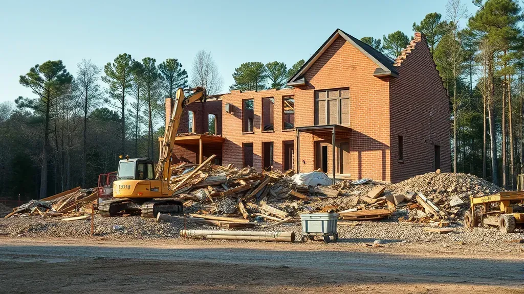 Demolition in Rock Hill, SC with machinery demolishing a building amid debris and dust.