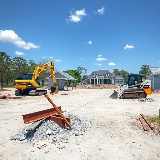 Completed demolition site in Bluffton SC with construction debris, machinery, and Lowcountry architecture in background.