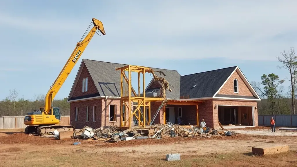 Demolition in Mauldin, SC shows heavy machinery tearing down a building amid debris.