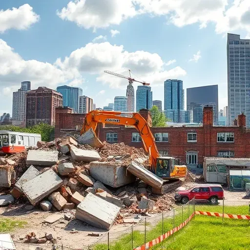Demolition site in Charleston SC featuring debris and skyline with construction equipment, highlighting safety and urban change.