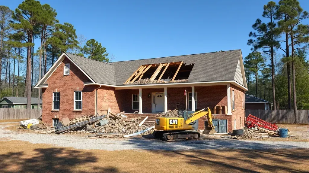 Demolition in Moncks Corner SC showing buildings being torn down with construction machinery.