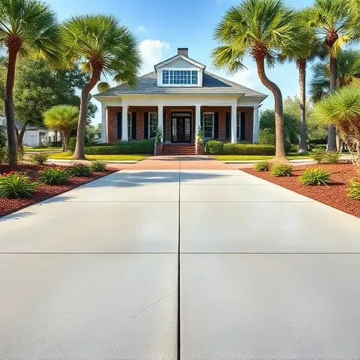 Finished concrete driveway and walkway in Charleston SC with lush landscaping and Southern-style home under natural light