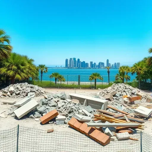 Demolition site in Hilton Head Island, SC with rubble and debris, framed by lush greenery and a clear blue sky.