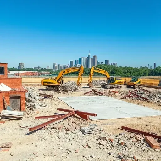 Demolition site in North Augusta SC shows debris, building remnants, construction equipment, and skyline under blue sky.
