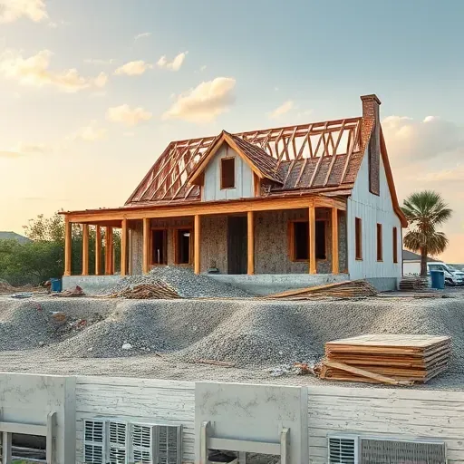 Deconstructed house in Charleston SC after demolition with rubble, wooden beams, and clear foundations under blue sky.