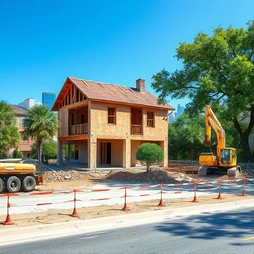 Demolition site in Charleston SC with a partially torn-down house, leveled earth, and construction equipment amid lush greenery.