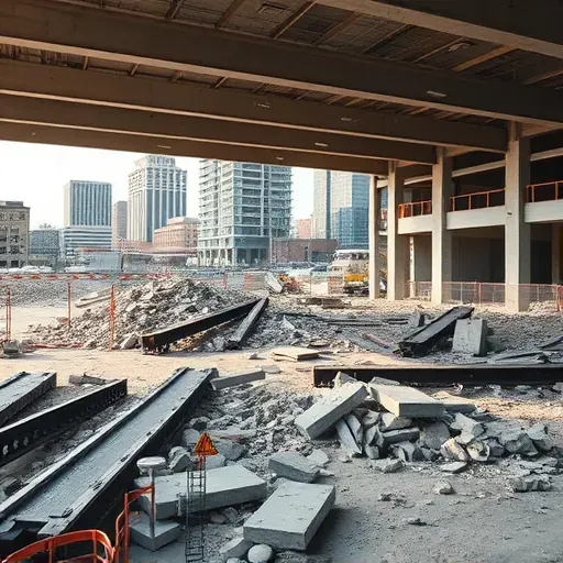 Cleared Charleston demolition site with debris, steel beams, concrete foundations, Charleston skyline in the background