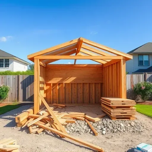 Demolished shed in Myrtle Beach with wood debris, lush yard, clear sky, and detailed textures shows a clean, organized site