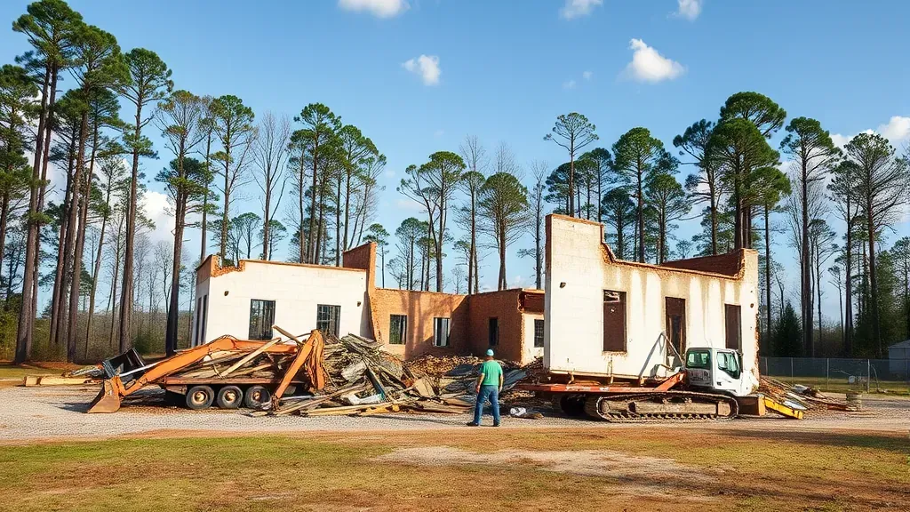 Demolition in Hardeeville SC with debris and machinery at a construction site.