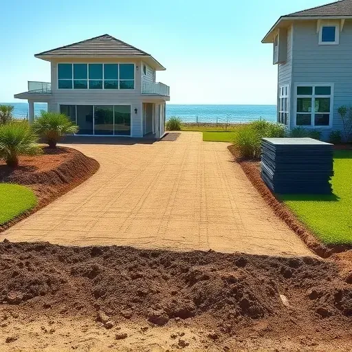 Finished driveway removal in Myrtle Beach with neat asphalt stacks, coastal house, lush landscaping, and ocean view