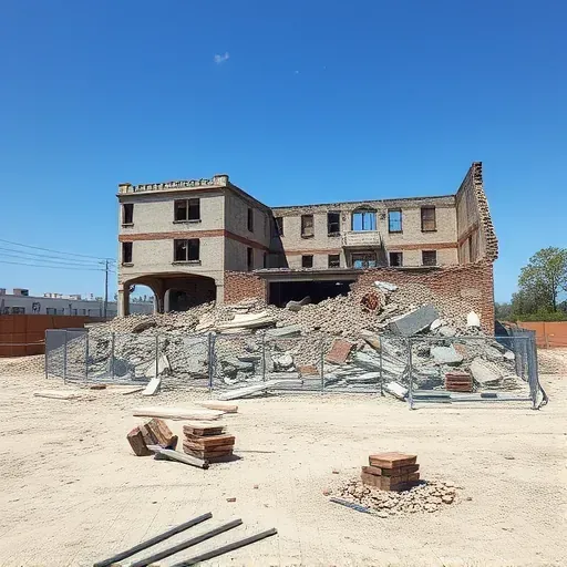 Demolition site in North Charleston SC, featuring rubble, debris, and organized surroundings with safety signage.