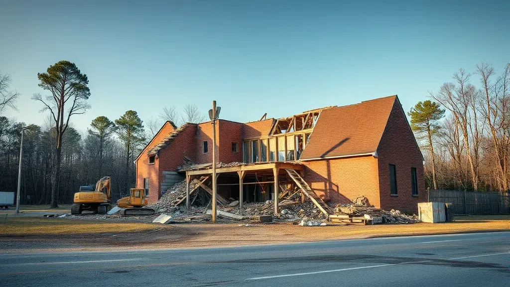 Demolition in Anderson SC with heavy machinery and debris in a construction area.