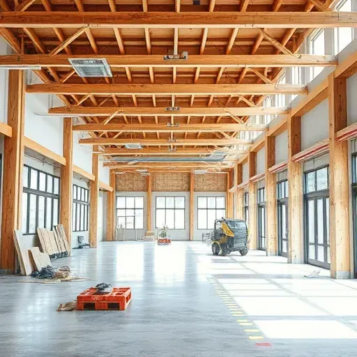 Completed interior demolition in Myrtle Beach showing exposed beams, polished concrete floors, organized debris, and natural sunlight