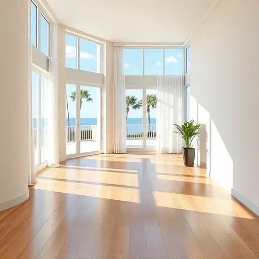 Modern Myrtle Beach living room with smooth neutral walls, polished hardwood floors, large windows, and coastal views