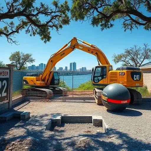 Demolition site in Charleston SC with debris, foundation walls, construction equipment, skyline, trees, and safety fencing