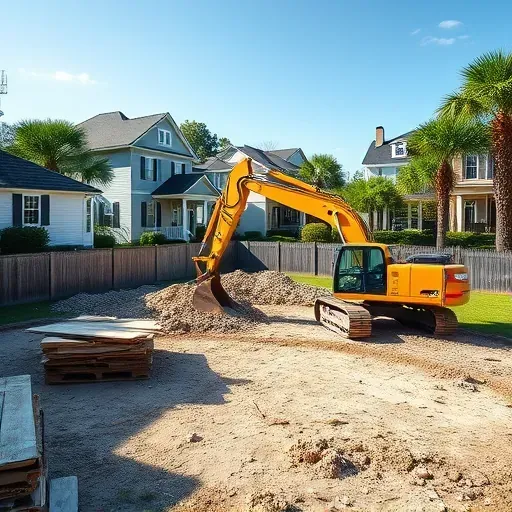 Demolition site in Charleston SC showcasing a cleared lot, excavator, and tidy surroundings with residential homes.