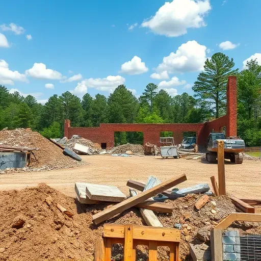 Completed demolition site in St. Andrews SC, showcasing neatly arranged debris and lush greenery under a blue sky.