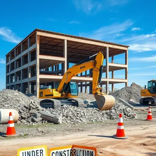 Completed demolition site in Greenville SC with exposed beams debris excavator safety cones and clear blue sky