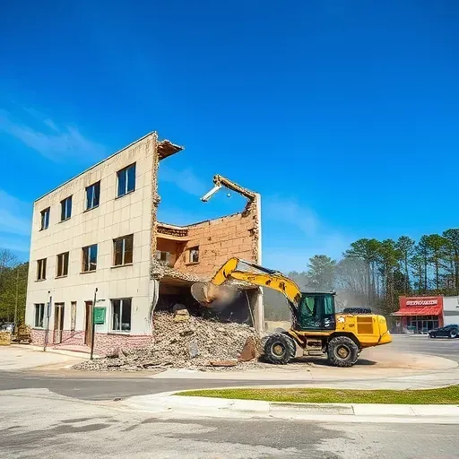 Completed demolition site in Moncks Corner SC featuring a large partially destroyed building and heavy machinery.