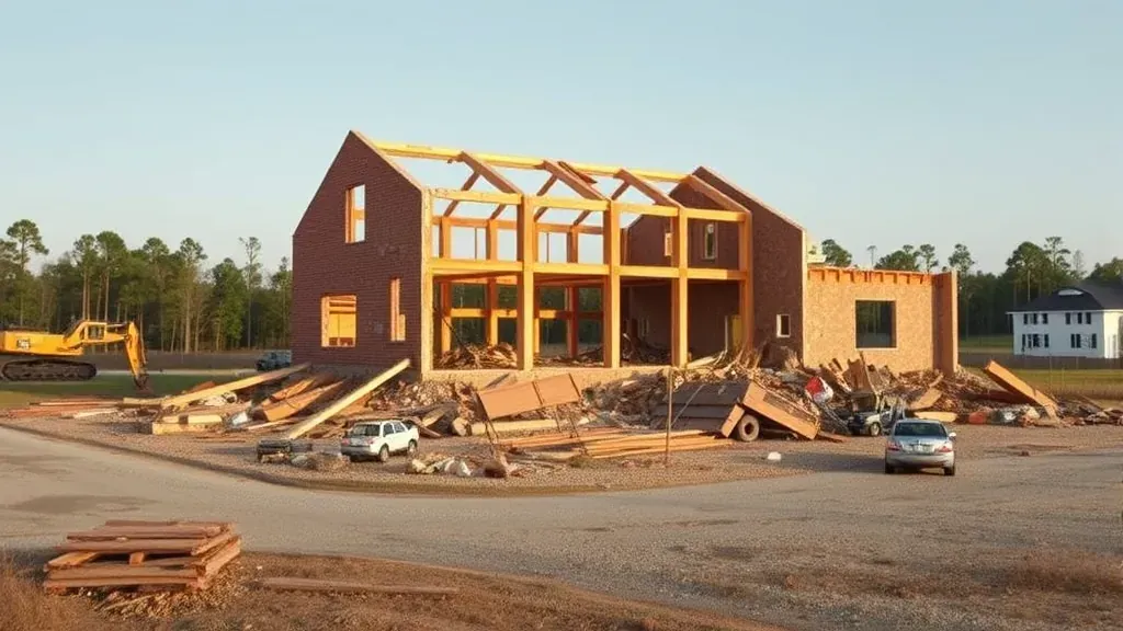 Demolition in Port Royal SC with heavy machinery on site and debris scattered around.