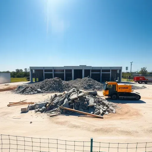 Demolition site in Aiken SC with organized rubble, machinery, and a clear blue sky showcasing efficient project execution.