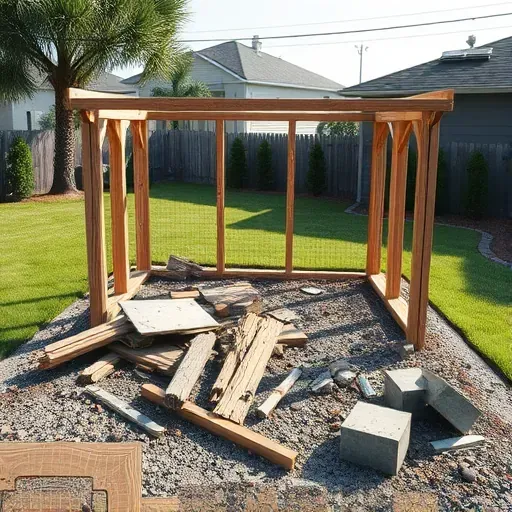 Demolished shed site in Charleston SC with wood debris exposed foundation and suburban background in daylight