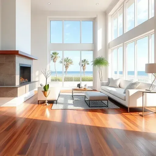 Restored Myrtle Beach living room with polished floors white walls modern fireplace bright natural light coastal view