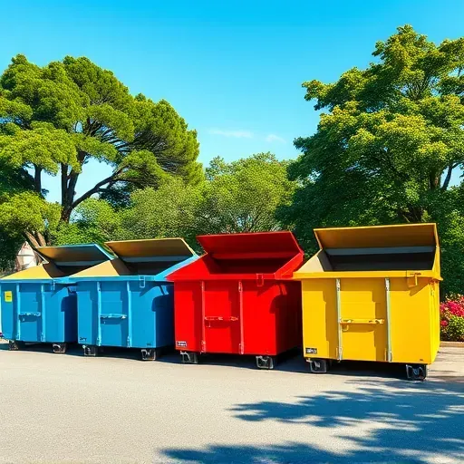 Clean Charleston Dumpster Rental facility with colorful modern dumpsters, green trees, blooming flowers and bright sky