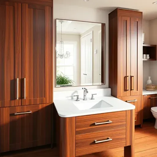 Elegant dark wood bathroom vanity with white marble top, brushed nickel hardware, large mirror, and warm natural lighting