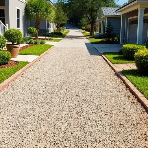 Cleared driveway site in Charleston SC with gravel and soil, surrounded by lawns, bushes, and a modern home on a bright day