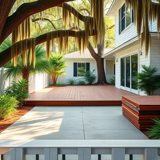 Clean backyard in Charleston SC showing a completed deck removal, wooden foundation, stacked decking, lush vegetation and a southern-style home