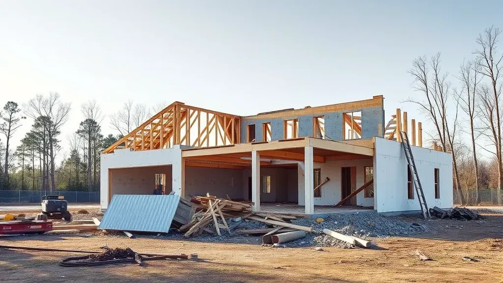 Demolition in Conway, SC with debris and machinery on site.