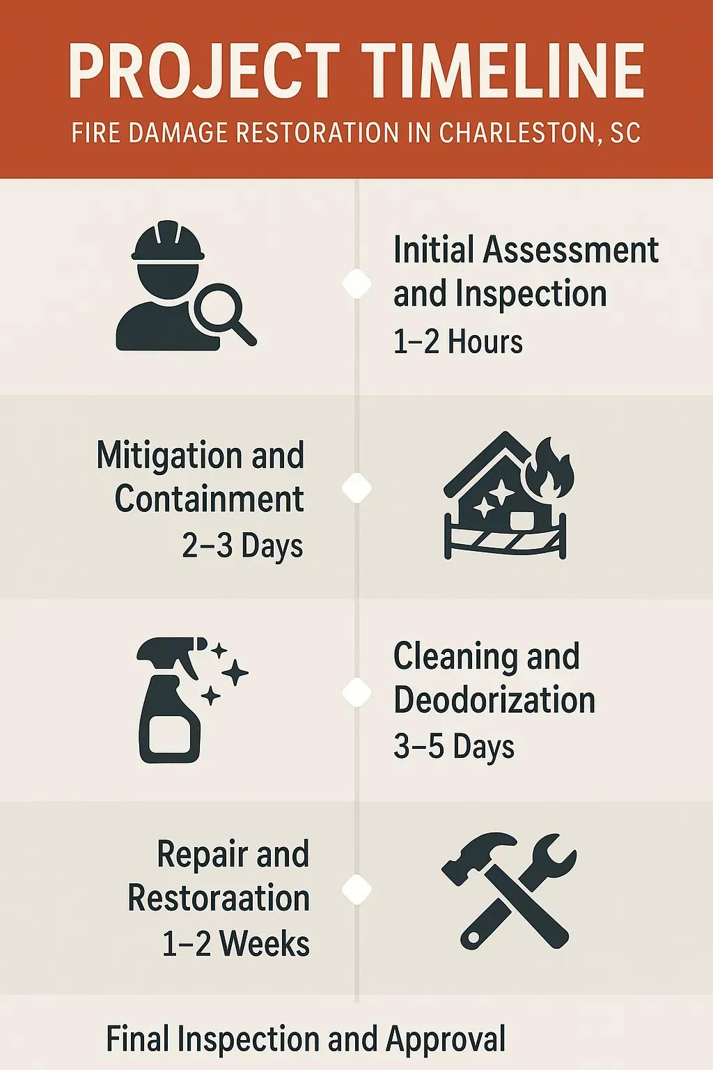 Infographic illustrating the five-step fire damage restoration timeline for Charleston SC including assessment, mitigation, cleaning, repair, and inspection.
