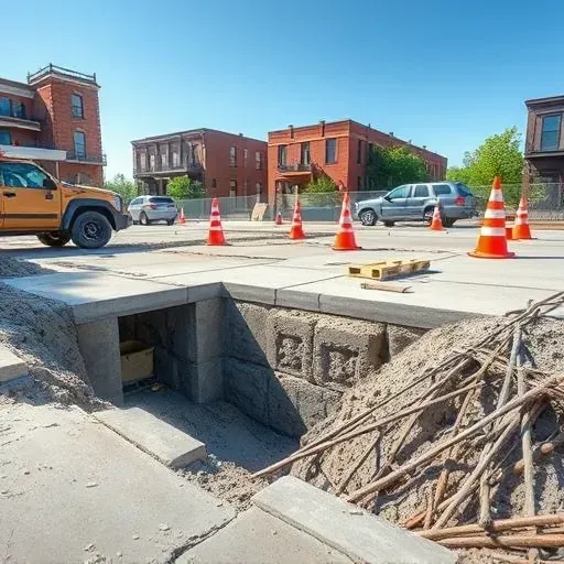 Freshly removed concrete slab in Charleston SC with exposed rebar, construction tools, safety cones, and historic brick buildings