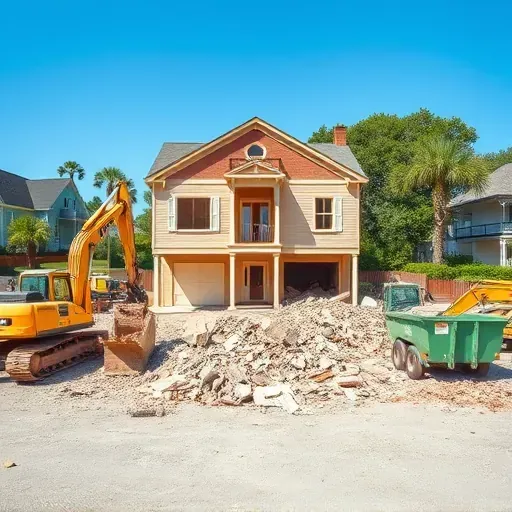 Demolition site in Charleston SC with cleared rubble, heavy machinery, and suburban homes in the background.