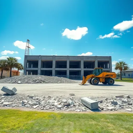 Demolition site in North Myrtle Beach SC with cleared lot, scattered debris, modern equipment, and blue sky.