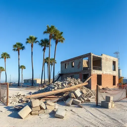 Completed demolition site in Myrtle Beach shows concrete, steel, and brick debris with palm trees under a blue sky.