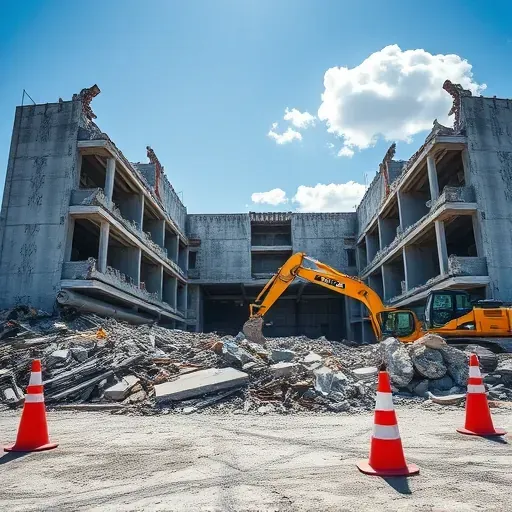 Demolition site in Red Hill SC with rubble, equipment, and safety cones under a blue sky, showcasing professional workmanship.