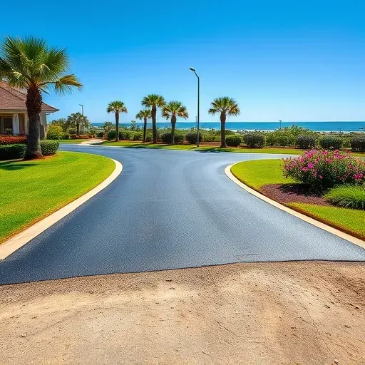 Clean cleared driveway removal site in Myrtle Beach with trimmed edges, gravel, soil, lush landscaping, and ocean views