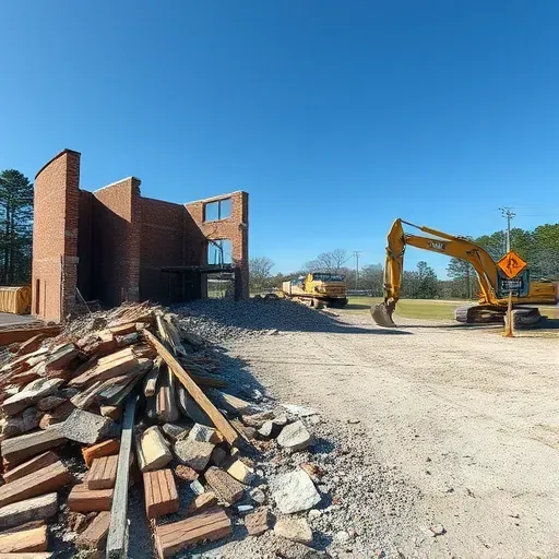Demolition site in Socastee SC with organized rubble, debris, and safety equipment highlighting a professional process.