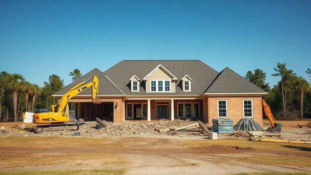 Demolition in Hanahan SC showing debris and heavy machinery at a construction site.