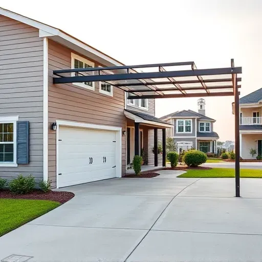 Finished siding and carport installation on a modern Charleston home with vibrant neutral-toned siding, landscaped yard, and clear sky