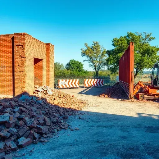 Demolition site in Columbia SC with organized debris, brick remnants, construction barriers, and clear blue sky.